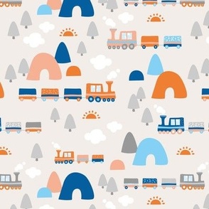 Little trains and mountains sunny travel day in the country side  neutral orange blue on beige 