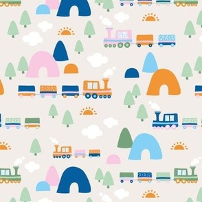 Little trains and mountains sunny travel day in the country side  orange pink blue mint on sand 