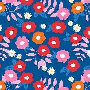 Sweet blossom garden romantic english liberty print white flowers nursery red pink orange on navy blue