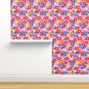 Sweet blossom garden romantic english liberty print white flowers nursery red yellow blue on pink