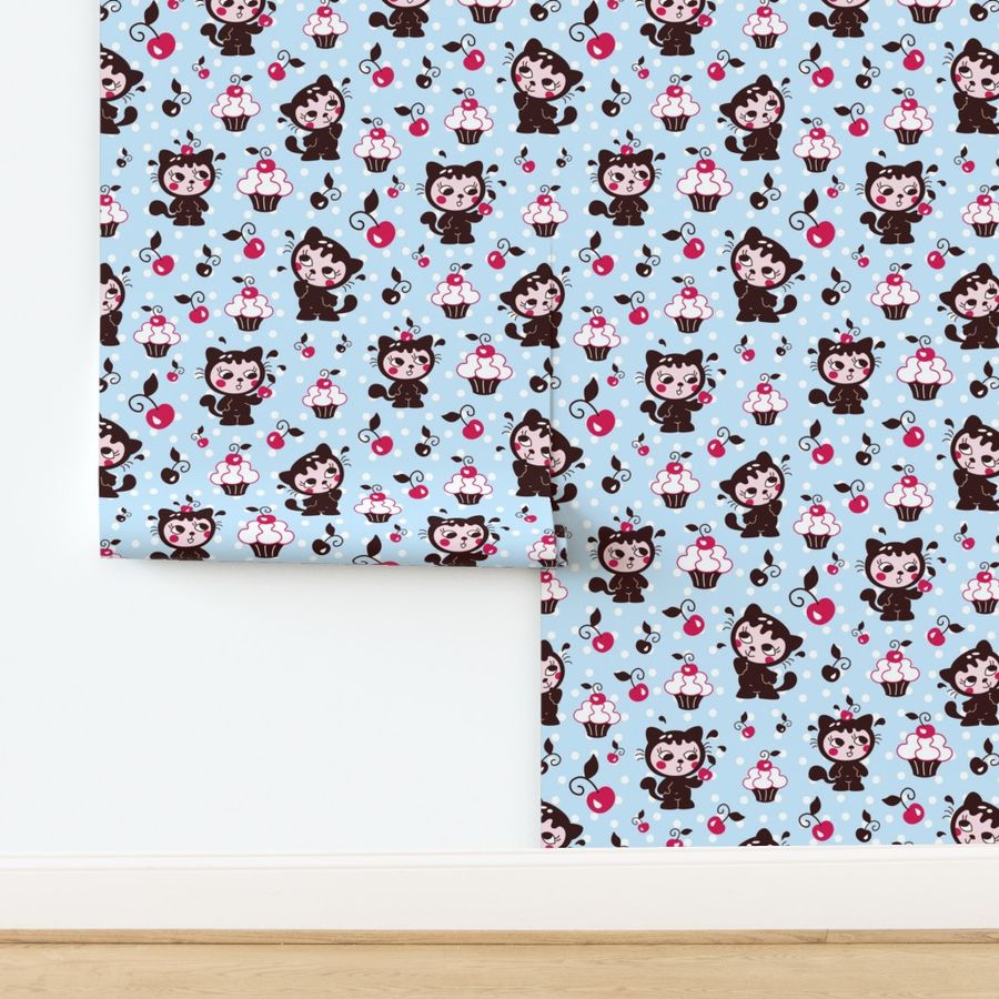 cartoon cherry kitty - blue polka dots