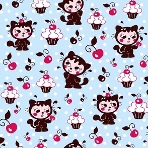 cartoon cherry kitty - blue polka dots