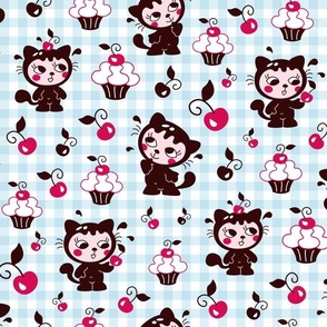 cartoon cherry kitty - blue vichy check