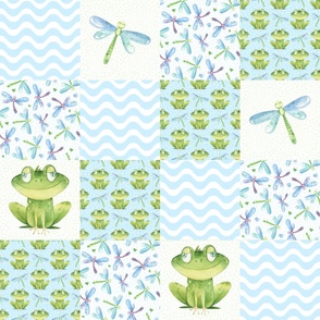 Bigger Scale Patchwork 6" Squares Friendly Frogs Dragonflies Blue Cheater Quilt or Blanket