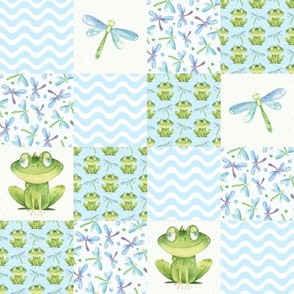 Smaller Scale Patchwork 3" Squares Friendly Frogs Dragonflies Blue Cheater Quilt or Blanket