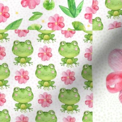 Bigger Scale Patchwork 6" Squares Sweet Green Frogs and Pink Flowers for Cheater Quilt or Blanket