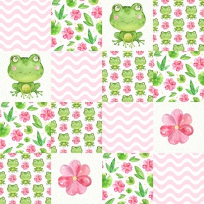 Bigger Scale Patchwork 6" Squares Sweet Green Frogs and Pink Flowers for Cheater Quilt or Blanket