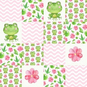 Smaller Patchwork 3" Squares Sweet Green Frogs and Pink Flowers for Cheater Quilt or Blanket