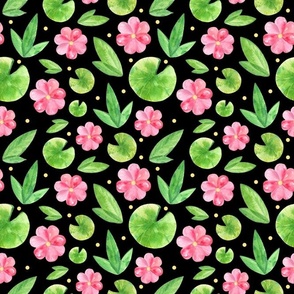 Medium Scale Frog Pond Green Lily Pads and Pink Flowers on Black