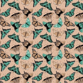 Teal and Tan Retro Vintage Butterflies