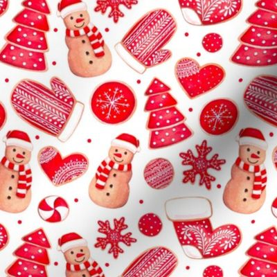 Medium Scale Christmas Cookies Red and White Icing Frosted Scandinavian Holiday on White