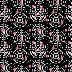 Small Scale Halloween Spiderwebs and Spiders Pink Black White Polkadots