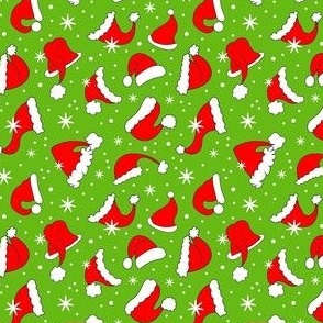 Small Scale Red Santa Hats and Snowflakes on Green