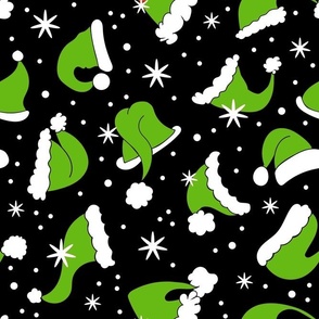 Large Scale Green Santa Hats and Snowflakes on Black