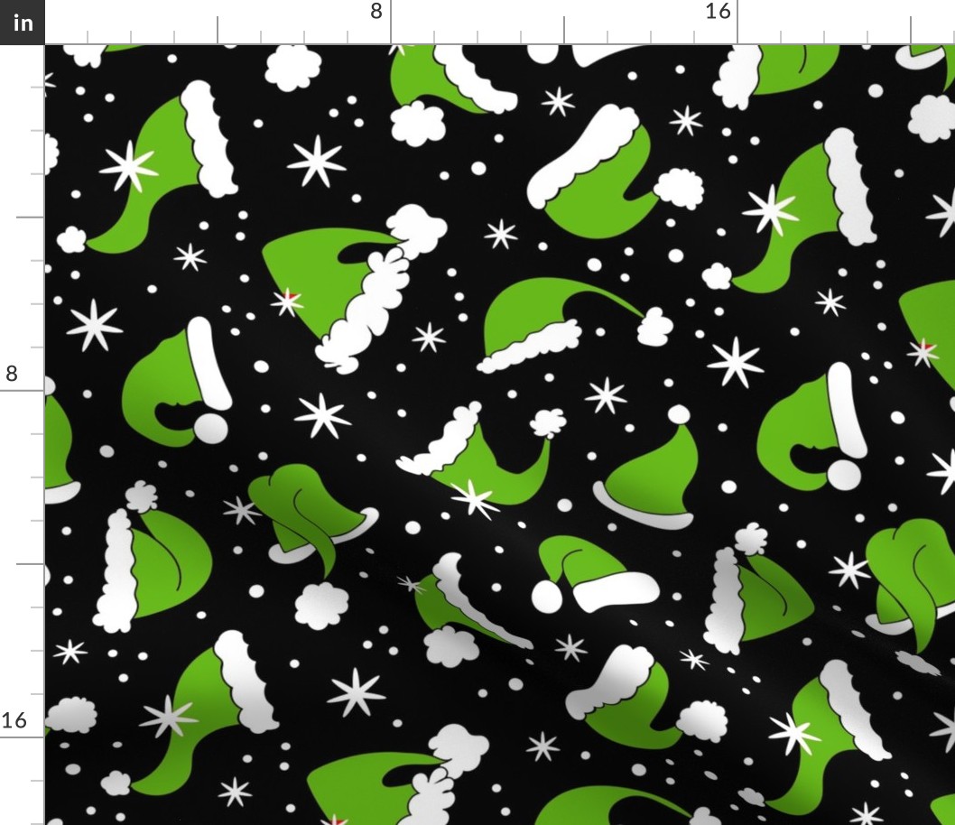 Large Scale Green Santa Hats and Snowflakes on Black