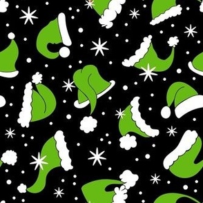 Medium Scale Green Santa Hats and Snowflakes on Black