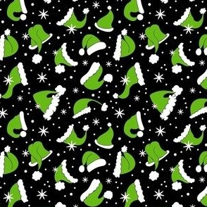 Small Scale Green Santa Hats and Snowflakes on Black