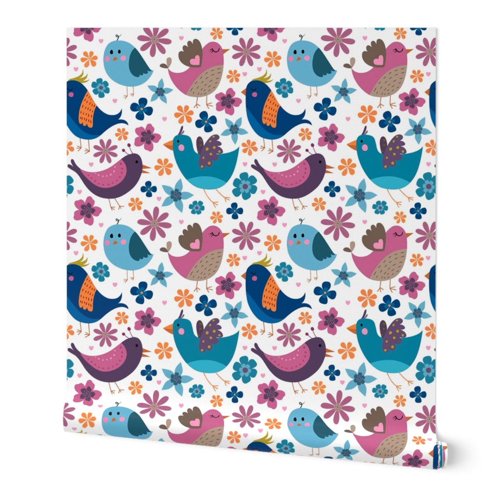 Large Scale Tweety Birds and Flowers on White