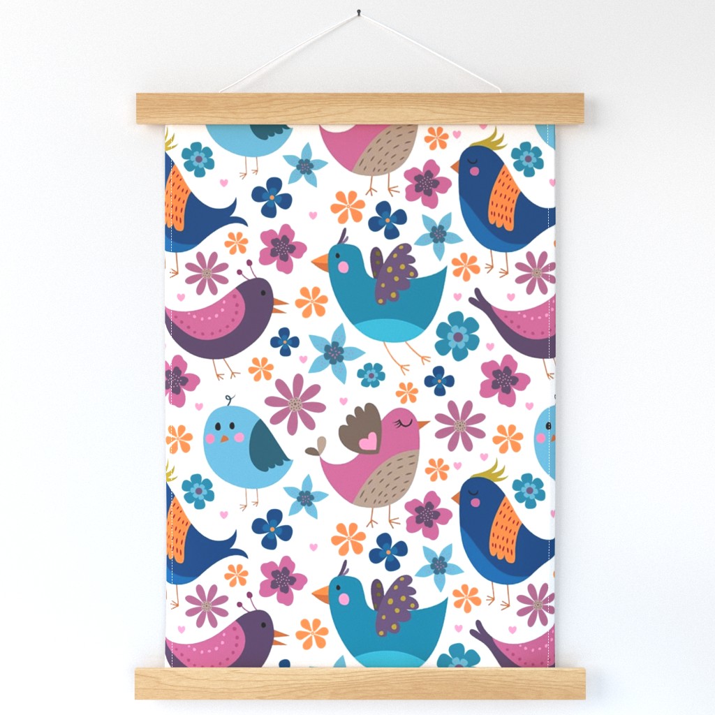 Large Scale Tweety Birds and Flowers on White