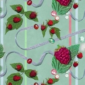 Raspberries and Ribbons with Buttons and Glass Stones