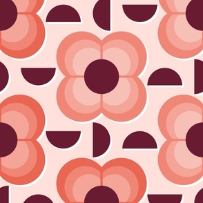 Geometric Flowers- 70's Vintage Floral- Plum and Cherry Flowers Extra Large- Light Coral Background- Jumbo- Wallpaper- Home Decor