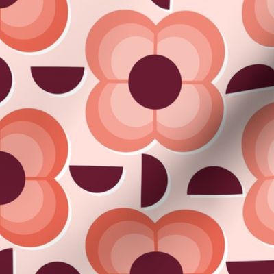 Geometric Plum and Cherry Flowers- Vintage Mid Mod- Midcentury Modern- 70's- Scandinavian- Peach- Coral- Pink- Burgundy- Vine- Large Scale Wallpaper- Home Decor