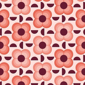 Geometric Plum and Cherry Flowers- Vintage Mid Mod- Midcentury Modern- 70's- Scandinavian- Peach- Coral- Pink- Burgundy- Vine- Large Scale Wallpaper- Home Decor