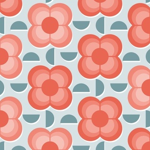 Geometric Flowers- 70's Vintage Floral- Plum and Cherry Flowers Large- Light Teal Background- Jumbo- Wallpaper- Home Decor