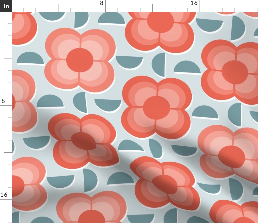 Geometric Flowers- 70's Vintage Floral- Plum and Cherry Flowers Large- Light Teal Background- Jumbo- Wallpaper- Home Decor