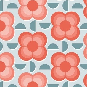 Geometric Flowers- 70's Vintage Floral- Plum and Cherry Flowers Small- Light Teal Background