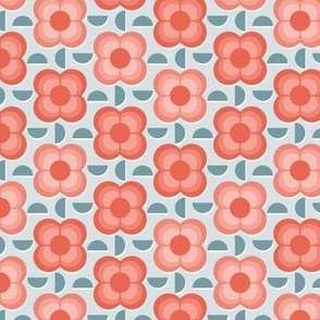 Geometric Flowers- 70's Vintage Floral- Plum and Cherry Flowers Mini- Light Teal Background- Small Scale- Face Mask