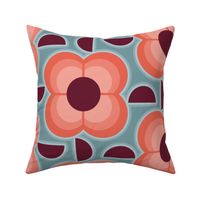 Geometric Flowers- 70's Vintage Floral- Plum and Cherry Flowers Extra Large- Teal Background- Jumbo- Wallpaper- Home Decor