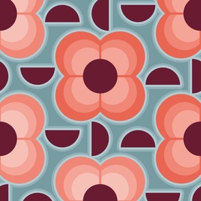 Geometric Flowers- 70's Vintage Floral- Plum and Cherry Flowers Extra Large- Teal Background- Jumbo- Wallpaper- Home Decor