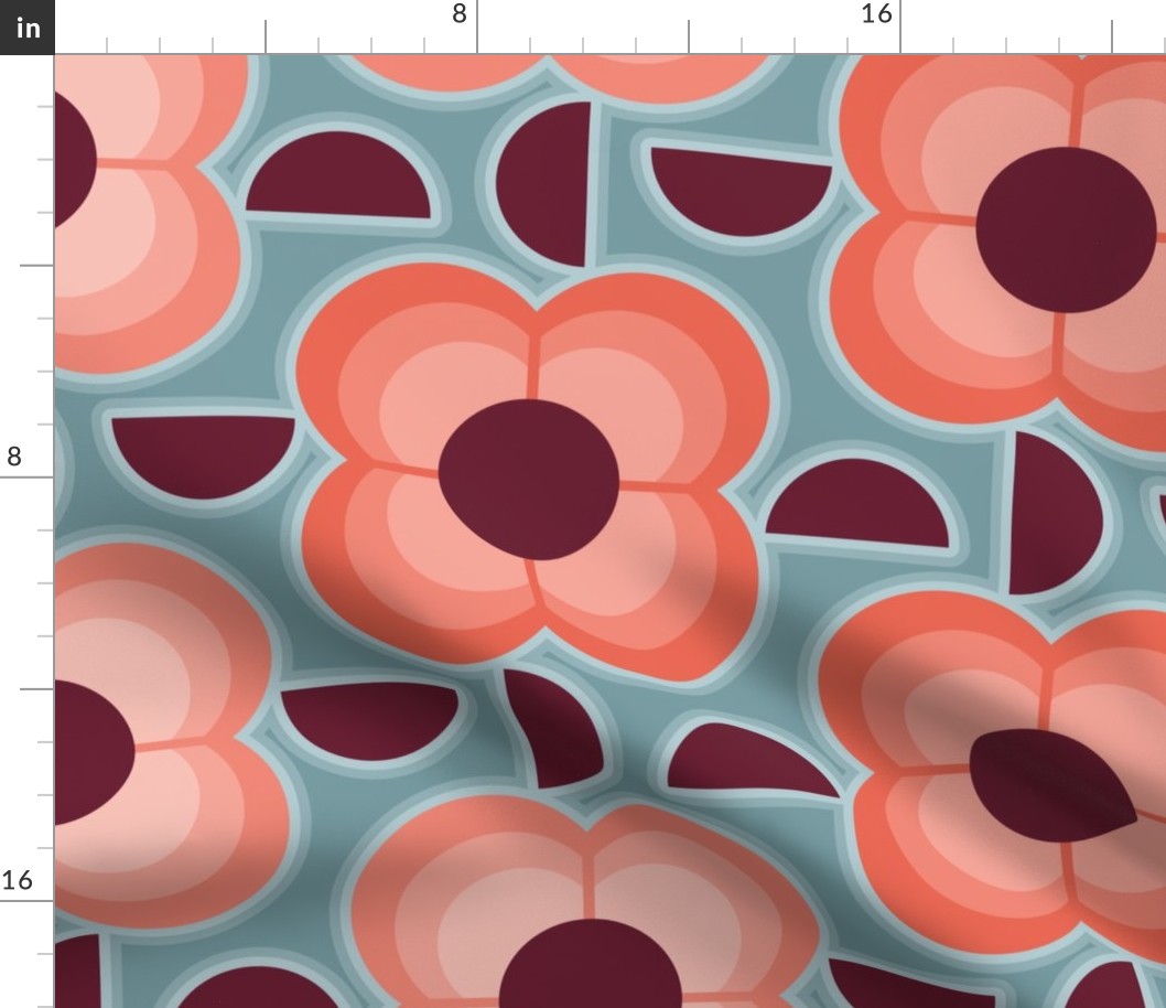 Geometric Flowers- 70's Vintage Floral- Plum and Cherry Flowers Extra Large- Teal Background- Jumbo- Wallpaper- Home Decor