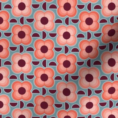 Geometric Flowers- 70's Vintage Floral- Plum and Cherry Flowers Mini- Teal Background- Small Scale- Face Mask