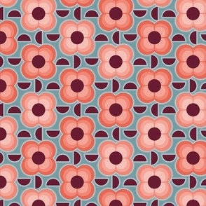 Geometric Flowers- 70's Vintage Floral- Plum and Cherry Flowers Mini- Teal Background- Small Scale- Face Mask