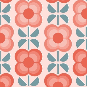 Geometric Flowers- 70's Vintage Floral -Large- Light Coral Background- Jumbo- Wallpaper- Home Decor