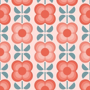 Geometric Flowers- 70's Vintage Floral -Medium- Light Coral Background