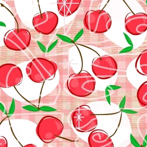Cherry Cherry Gingham -- Red Cherries over Red Gingham with Cherry Leaves -- 150dpi (Full Scale)