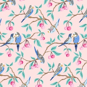 budgies in the cherry tree/sweet pink and mint