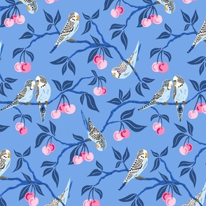 budgies in the cherry tree/bright blue background