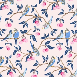 budgies in the cherry tree/barely pink background