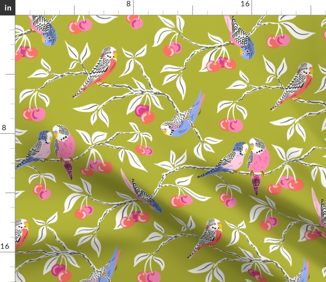budgies in the cherry tree/lime green