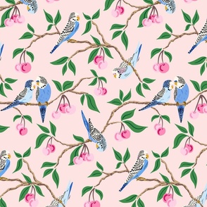 budgies in the cherry tree/pink and green