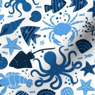 small // Sea life creatures in monochrome blue