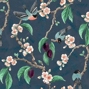 Plum Tree with Blossoms and BullFinch in Dark Blue