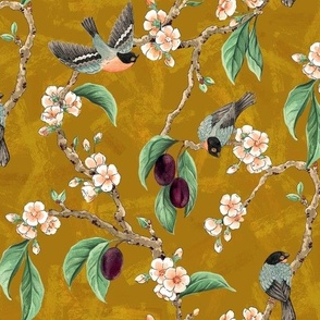 Plum Tree with Blossoms and BullFinch in Gold