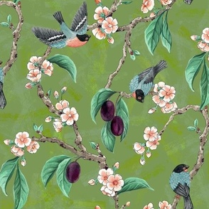 Plum Tree with Blossoms and BullFinch in Spring Green