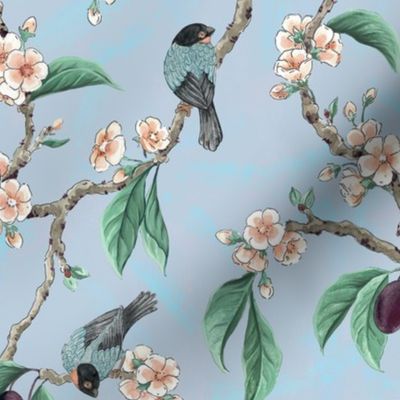 Plum Tree with Blossoms and BullFinch in Eggshell Blue