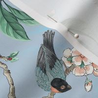 Plum Tree with Blossoms and BullFinch in Eggshell Blue